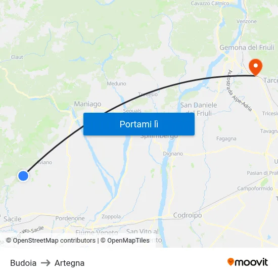 Budoia to Artegna map