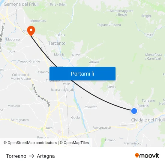 Torreano to Artegna map