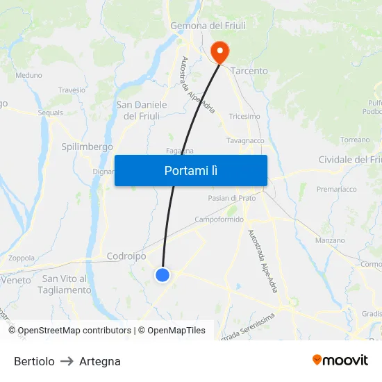 Bertiolo to Artegna map