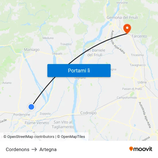 Cordenons to Artegna map