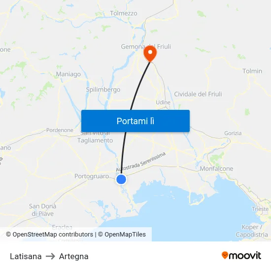 Latisana to Artegna map