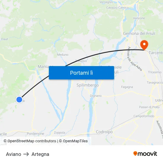 Aviano to Artegna map