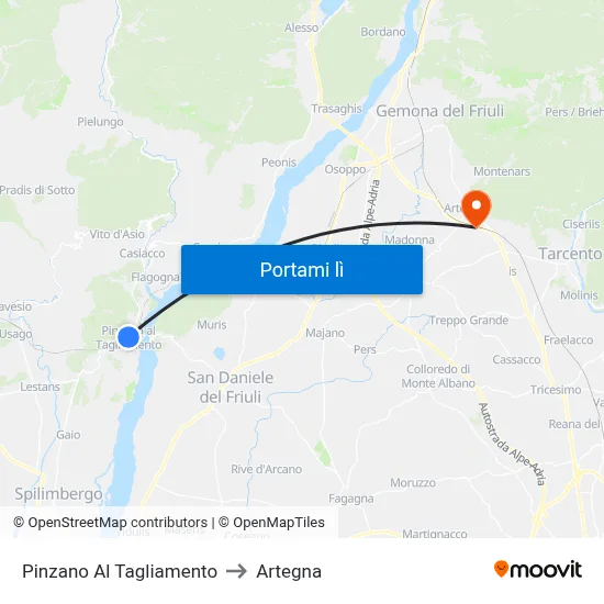 Pinzano Al Tagliamento to Artegna map