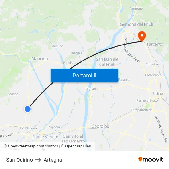 San Quirino to Artegna map