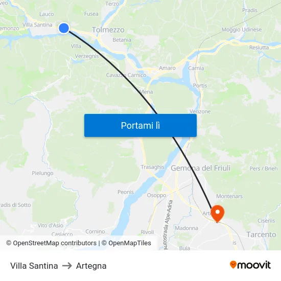 Villa Santina to Artegna map