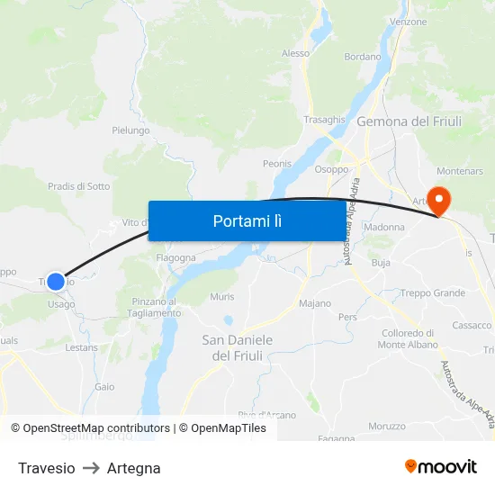 Travesio to Artegna map