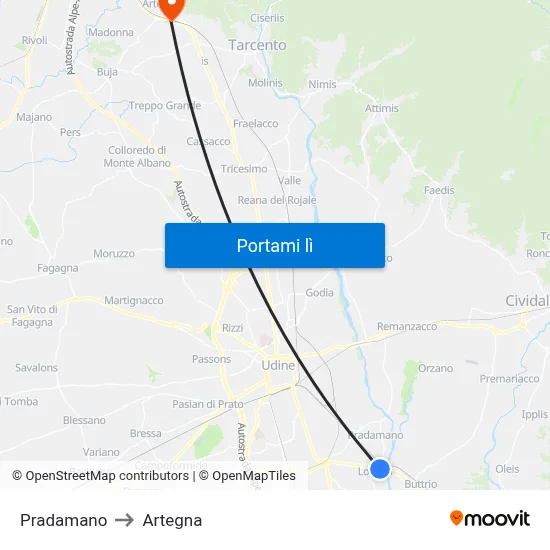Pradamano to Artegna map