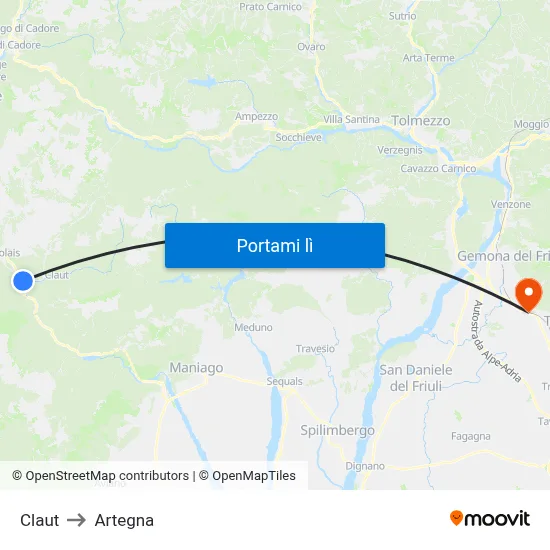 Claut to Artegna map