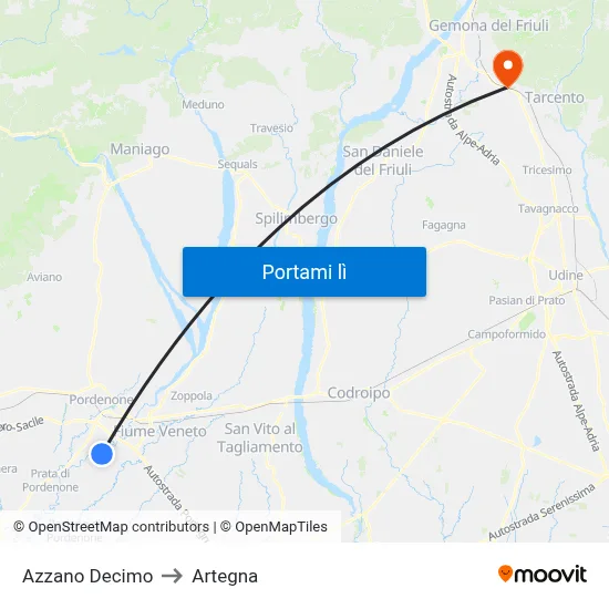 Azzano Decimo to Artegna map