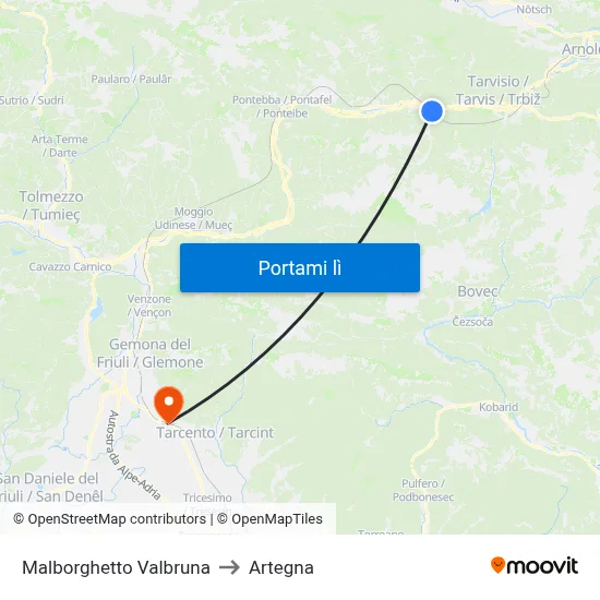 Malborghetto Valbruna to Artegna map