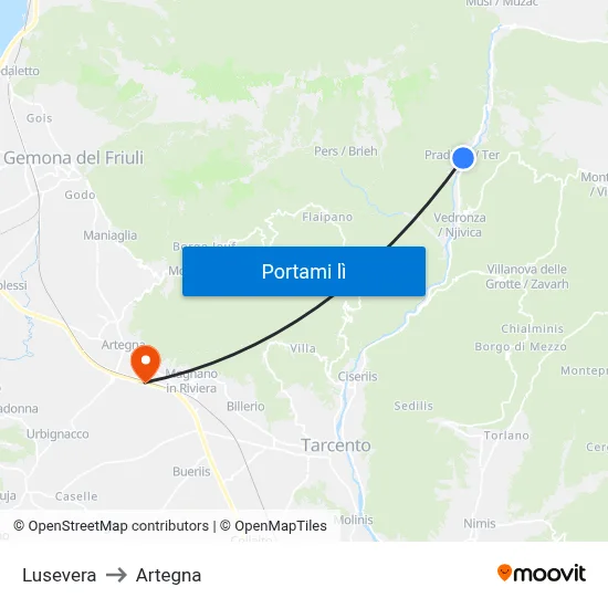 Lusevera to Artegna map