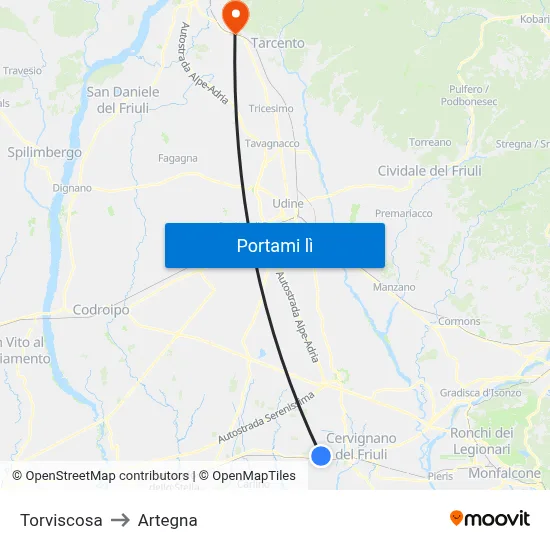 Torviscosa to Artegna map