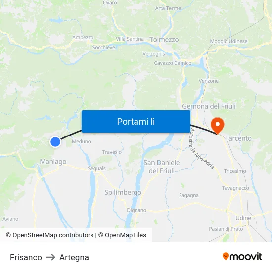 Frisanco to Artegna map
