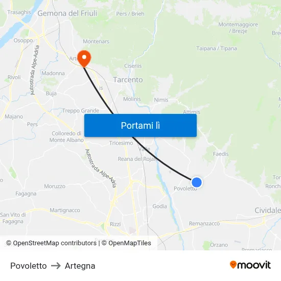 Povoletto to Artegna map