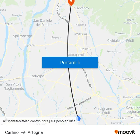 Carlino to Artegna map