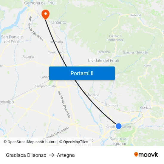 Gradisca D'Isonzo to Artegna map