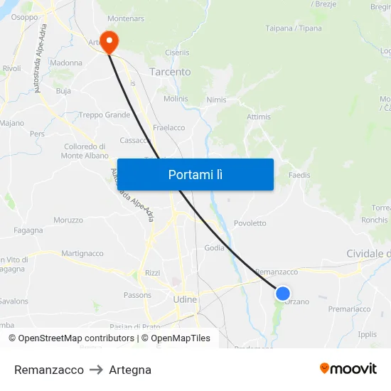 Remanzacco to Artegna map