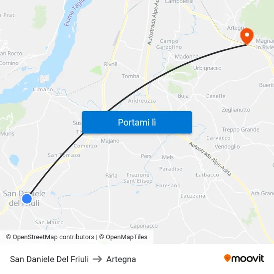 San Daniele Del Friuli to Artegna map