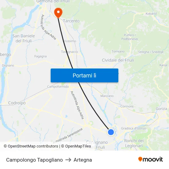 Campolongo Tapogliano to Artegna map
