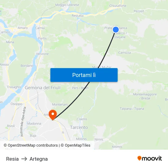 Resia to Artegna map