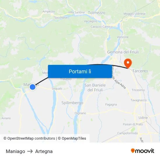 Maniago to Artegna map
