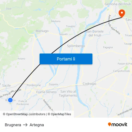 Brugnera to Artegna map