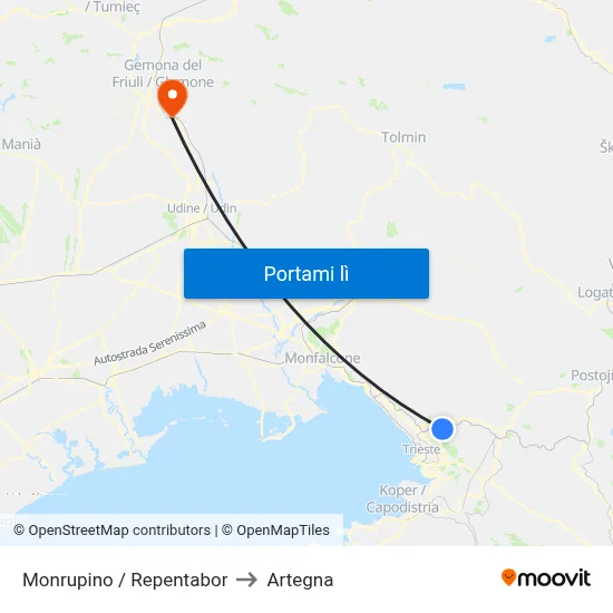 Monrupino / Repentabor to Artegna map
