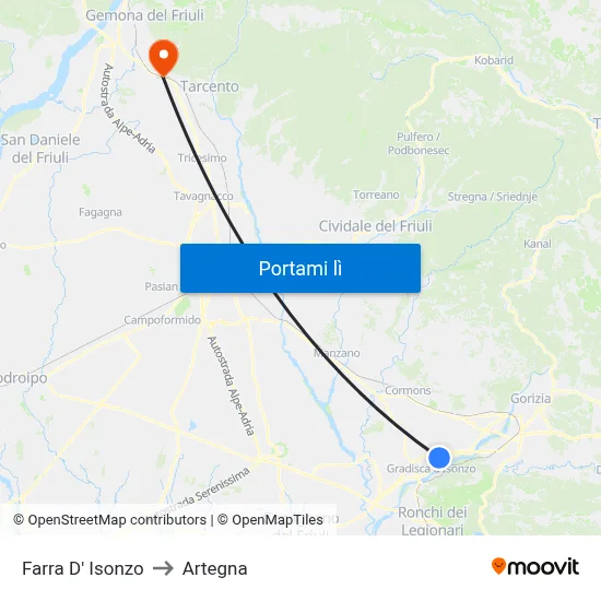 Farra D' Isonzo to Artegna map