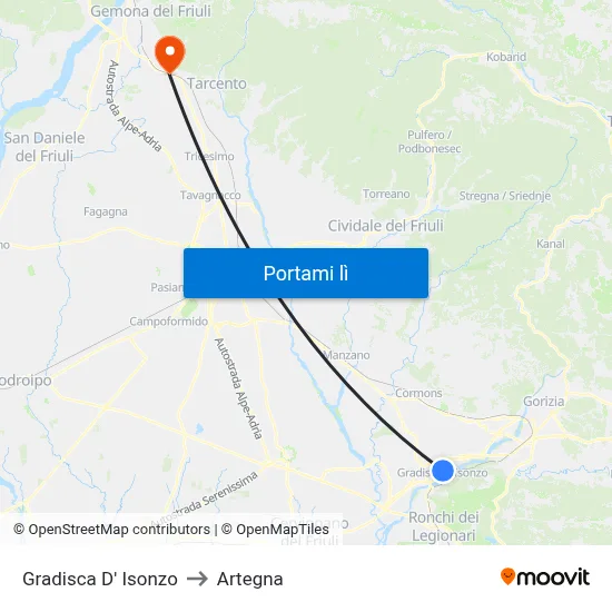 Gradisca D' Isonzo to Artegna map