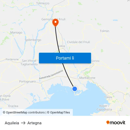 Aquileia to Artegna map