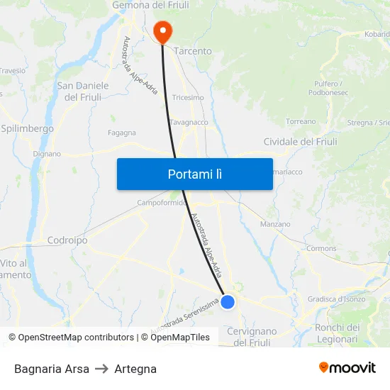 Bagnaria Arsa to Artegna map