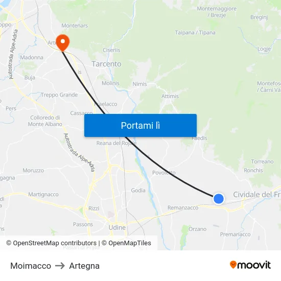Moimacco to Artegna map