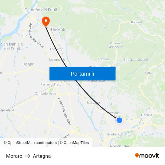 Moraro to Artegna map