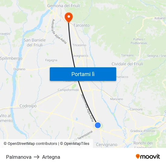 Palmanova to Artegna map