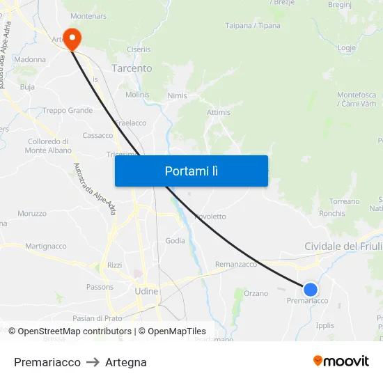 Premariacco to Artegna map