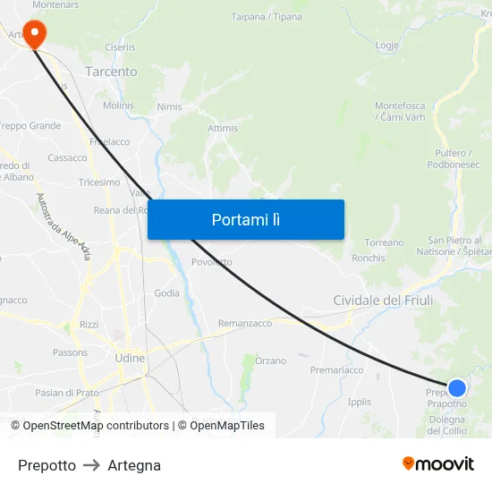 Prepotto to Artegna map