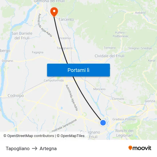 Tapogliano to Artegna map