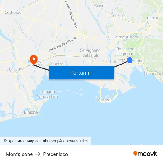 Monfalcone to Precenicco map