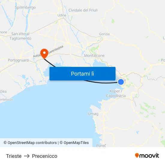 Trieste to Precenicco map