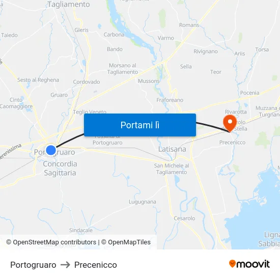 Portogruaro to Precenicco map