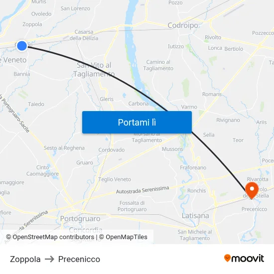 Zoppola to Precenicco map