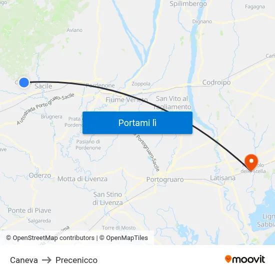 Caneva to Precenicco map
