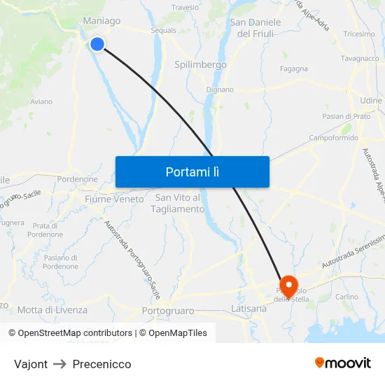 Vajont to Precenicco map