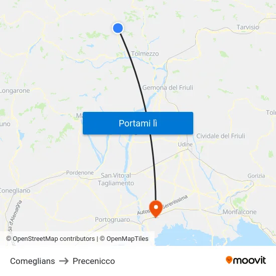 Comeglians to Precenicco map