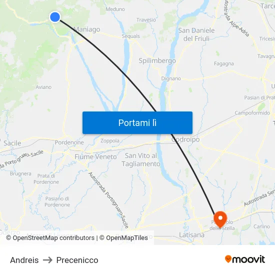 Andreis to Precenicco map