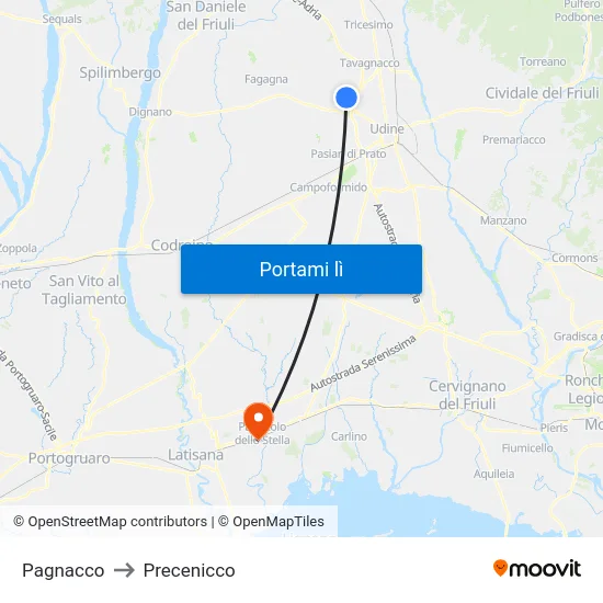 Pagnacco to Precenicco map
