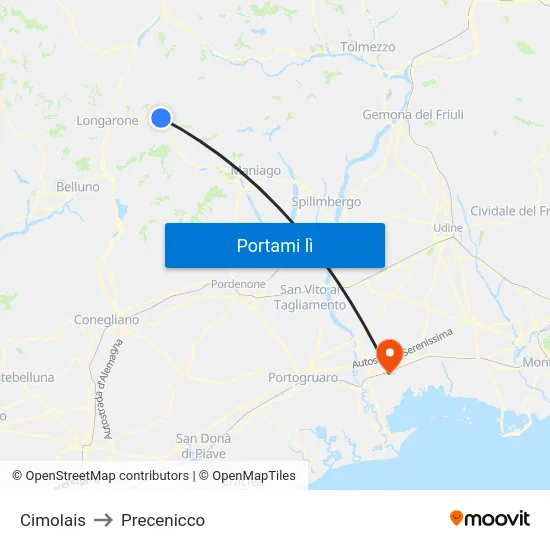 Cimolais to Precenicco map