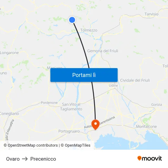 Ovaro to Precenicco map