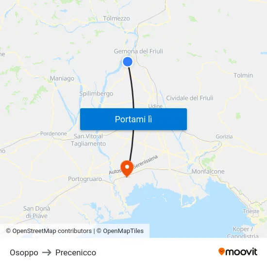 Osoppo to Precenicco map