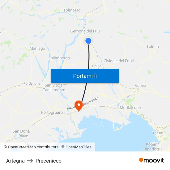 Artegna to Precenicco map